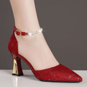 Crimson Suede Pumps with Rhinestone Ankle Chain