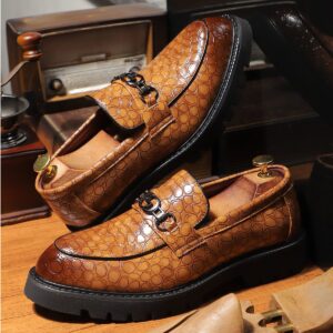 Cognac Brown Alligator Texture Leather Penny Loafers