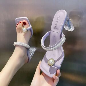 Transparent Lavender Block Heel with Pearl Embellishment