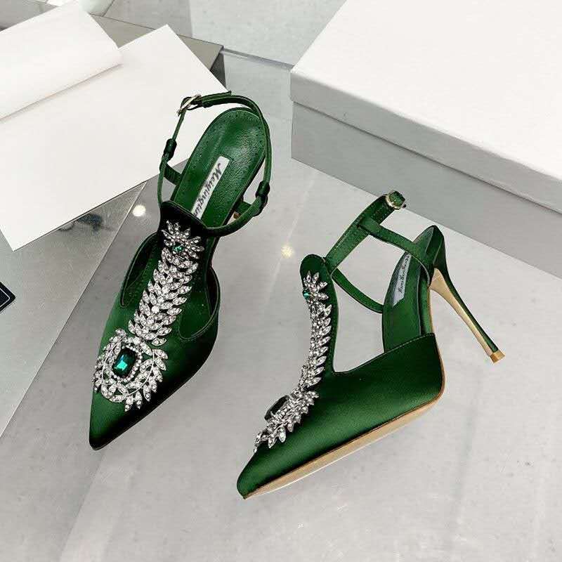 Emerald Green Satin Pumps with Oversized Crystal Brooch