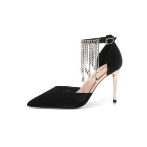 Pointed-Toe Black Stiletto with Crystal Fringe Ankle Strap