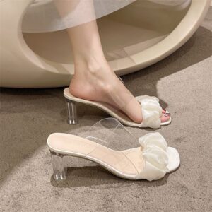 Transparent PVC Block Heel Slide with Bow Detail