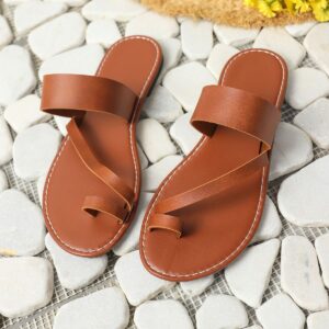 Modern Minimalist Brown Leather T-Strap Flat Sandals